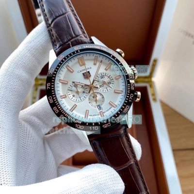 Copy Tag Heuer Carrera Heuer 02 White Chronograph Dial Brown Rubber Watch